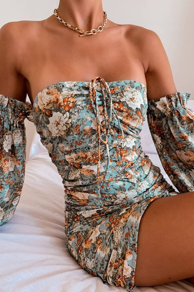 Sexy Print Frenulum Off the Shoulder Wrapped Skirt Dresses