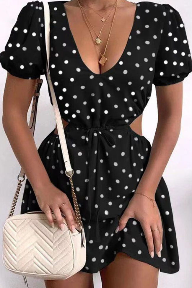 Fashion Sexy Dot Hollowed Out V Neck Princess Dresses