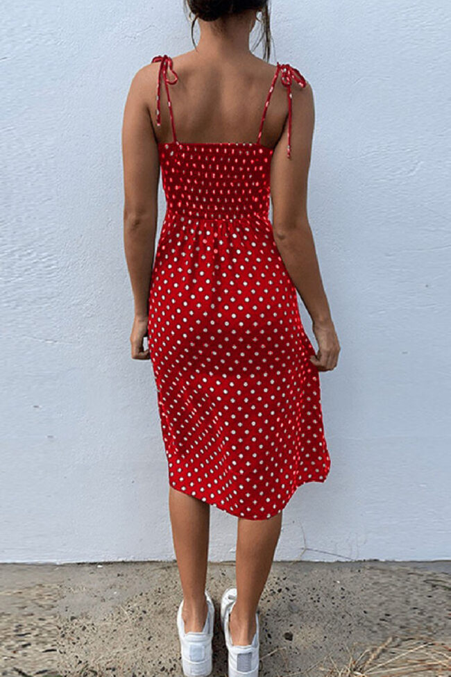 Fashion Bohemian Dot Slit Spaghetti Strap Printed Dresses