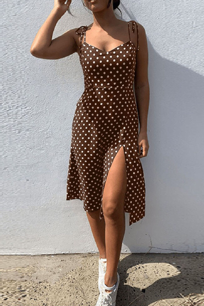 Fashion Bohemian Dot Slit Spaghetti Strap Printed Dresses