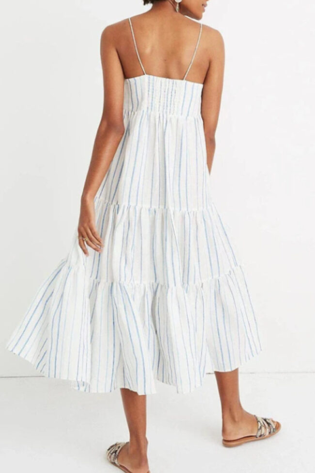Fashion Sweet Striped Split Joint Spaghetti Strap Sling Dresses
