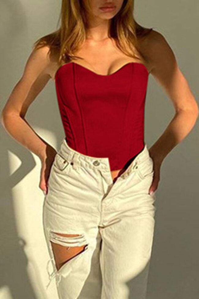 Sexy Solid Split Joint Asymmetrical Strapless Tops