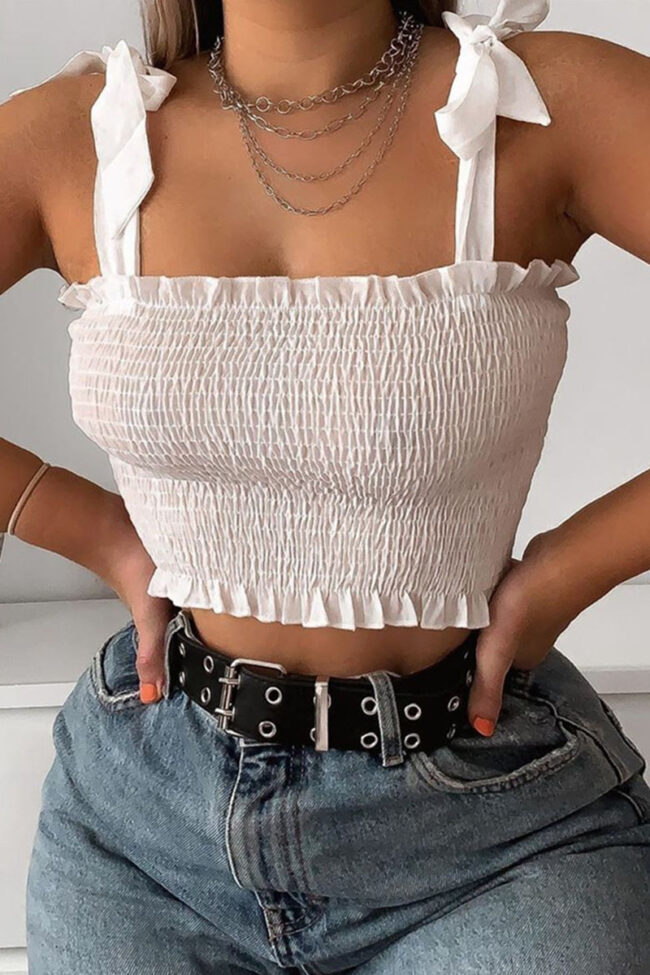 Sexy Solid Bandage Split Joint Fold Spaghetti Strap Tops