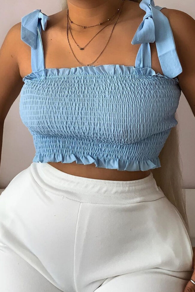 Sexy Solid Bandage Split Joint Fold Spaghetti Strap Tops