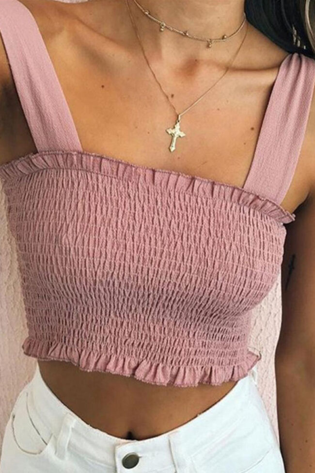 Sexy Solid Bandage Split Joint Fold Spaghetti Strap Tops