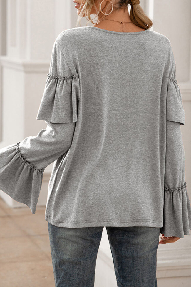 Fashion Casual Solid Split Joint Flounce O Neck Tops