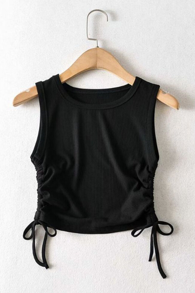 Fashion Street Solid Draw String O Neck Tops