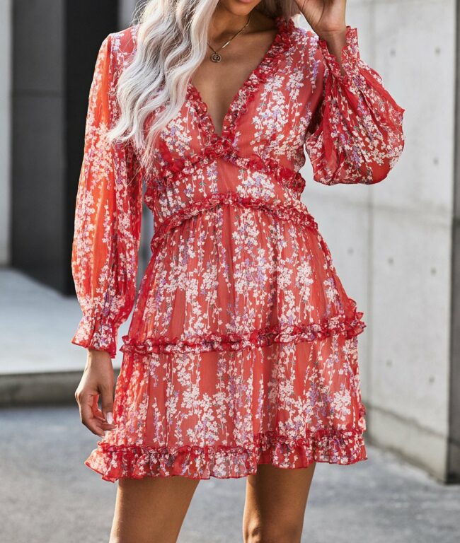 Fashion Street Print Split Joint V Neck A Line Dresses