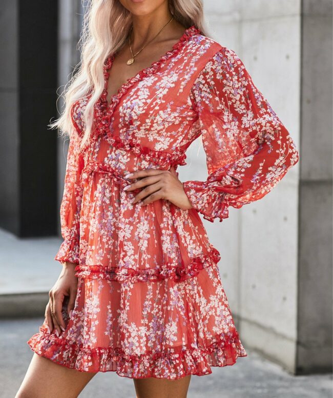 Fashion Street Print Split Joint V Neck A Line Dresses