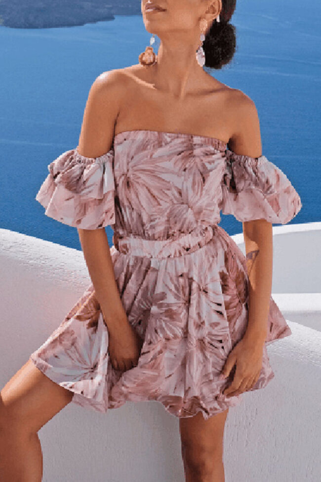 Fashion Sexy Print Backless Off the Shoulder Pleated Dresses