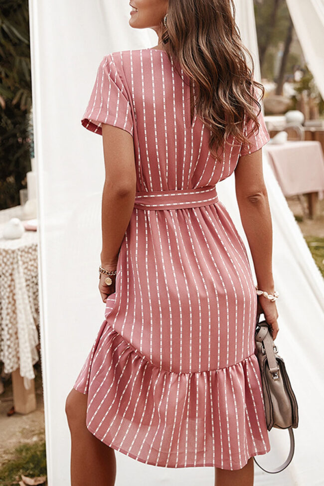 Fashion Street Striped Frenulum V Neck Short Sleeve Dresses