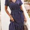 Fashion Street Striped Frenulum V Neck Short Sleeve Dresses