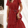 Fashion Street Striped Frenulum V Neck Short Sleeve Dresses