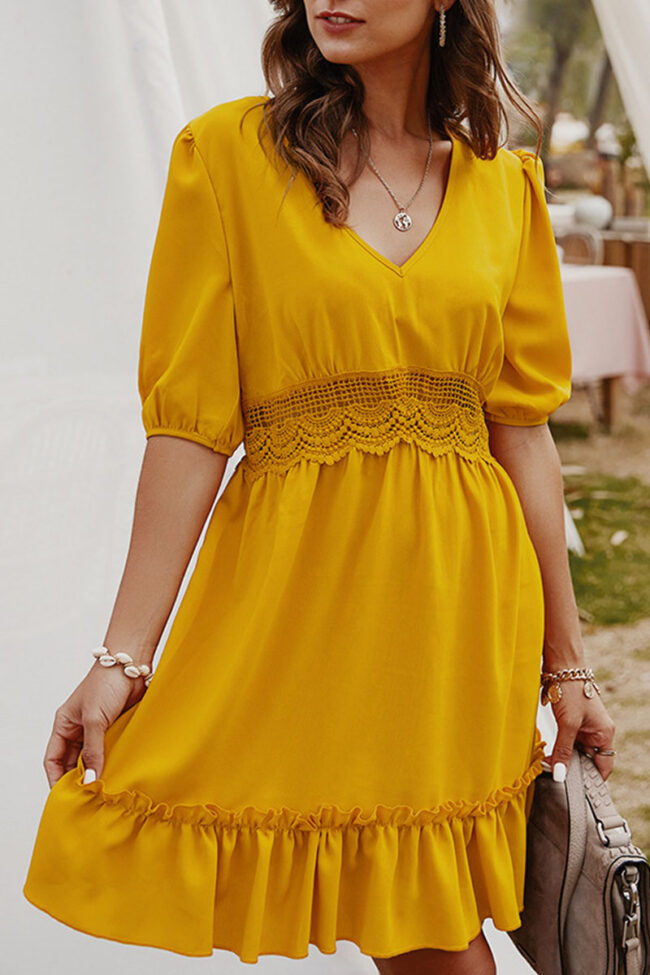 Fashion Street Solid Split Joint V Neck Short Sleeve Dresses