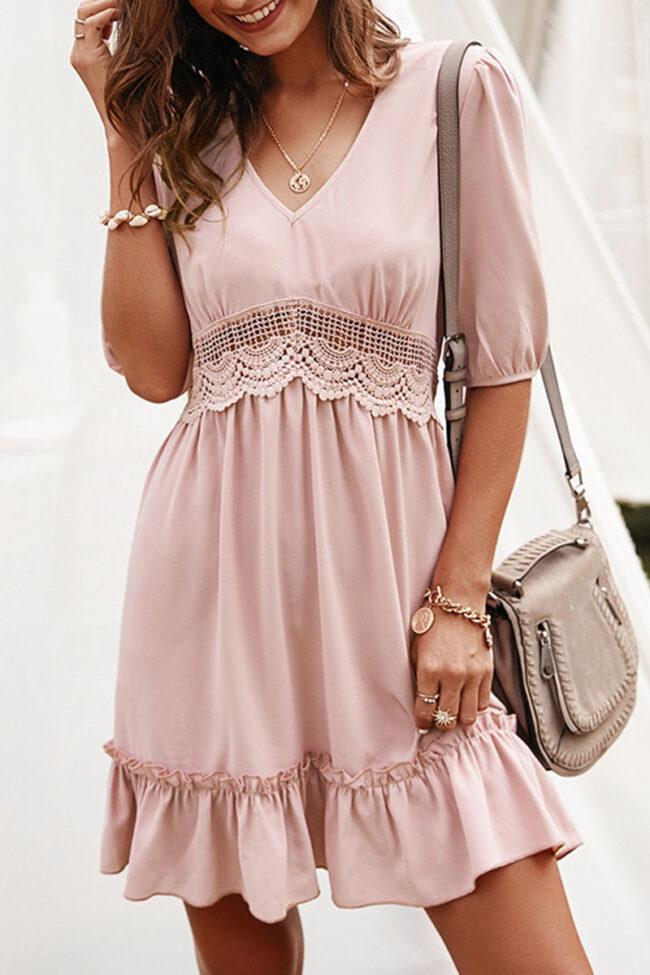 Fashion Street Solid Split Joint V Neck Short Sleeve Dresses