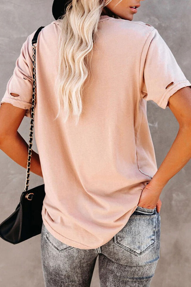 Fashion Casual Print Ripped O Neck Tops