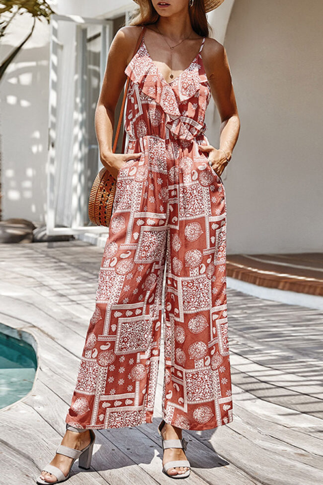 Fashion Street Print V Neck Loose Jumpsuits