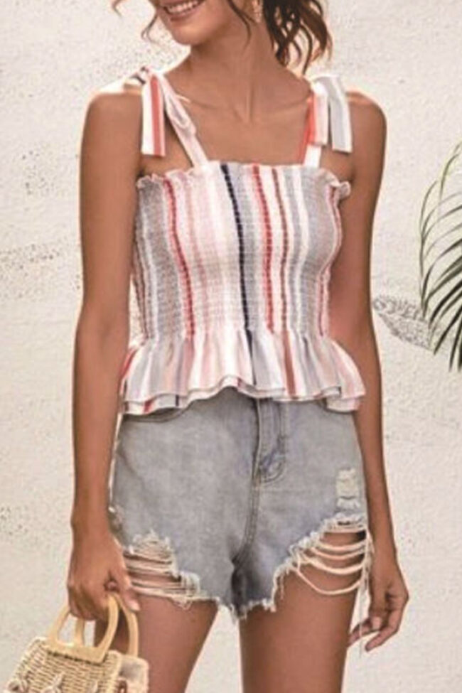 Fashion Street Striped Split Joint Spaghetti Strap Tops