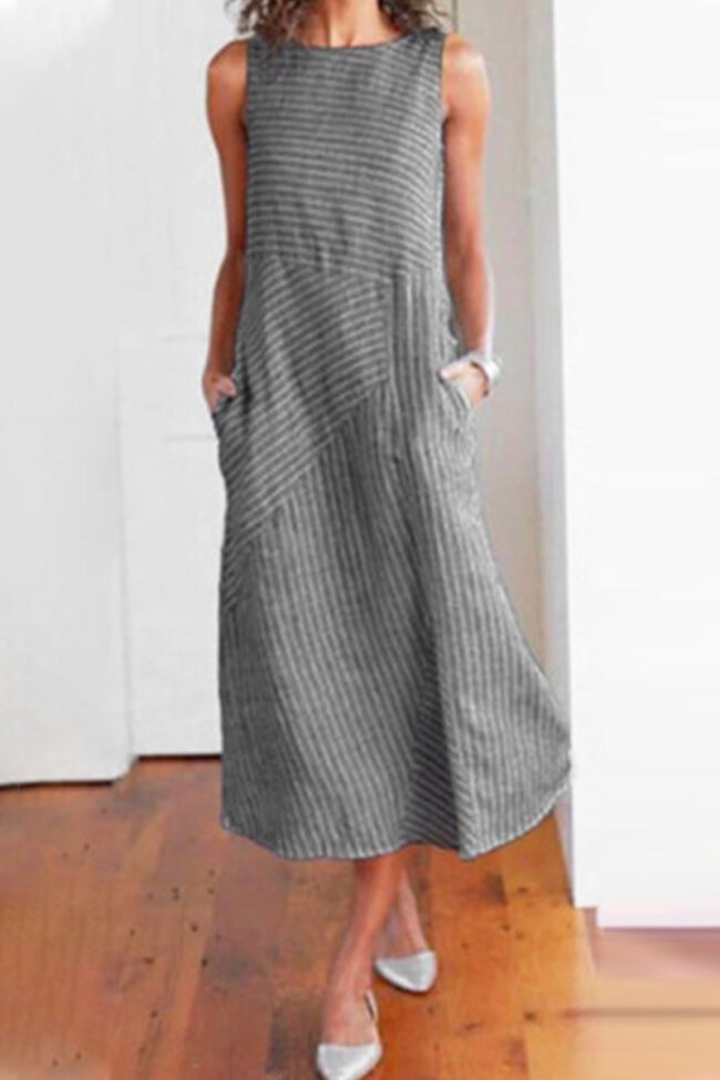 Fashion Street Striped Split Joint O Neck Sleeveless Dresses