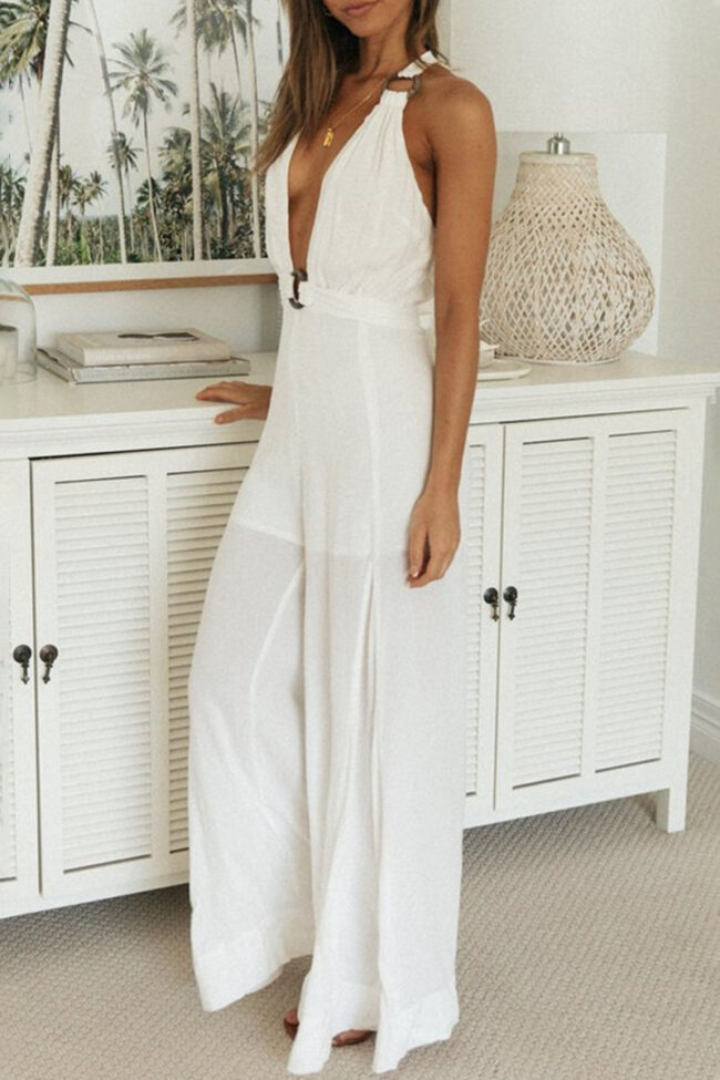 Fashion Sexy Solid Backless V Neck Loose Jumpsuits