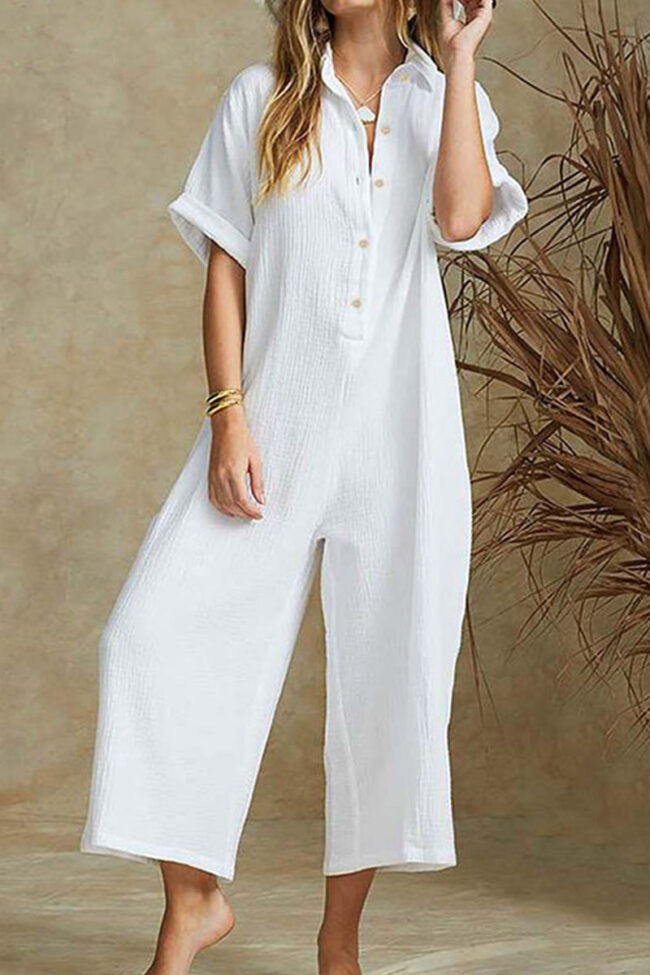 Fashion Casual Solid Turndown Collar Loose Jumpsuits