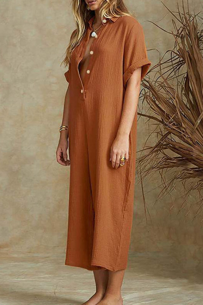 Fashion Casual Solid Turndown Collar Loose Jumpsuits