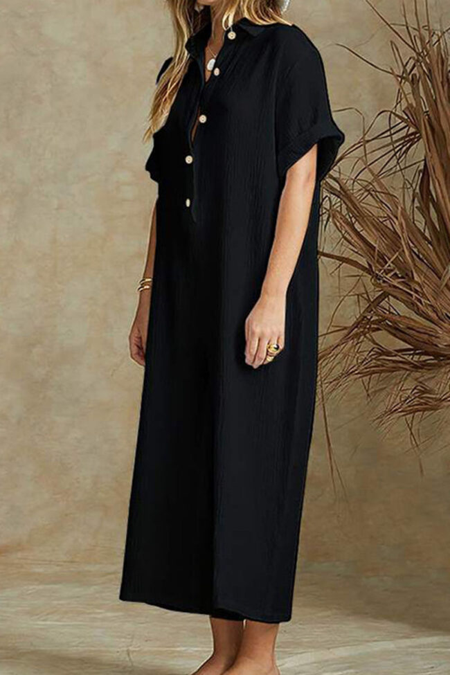 Fashion Casual Solid Turndown Collar Loose Jumpsuits