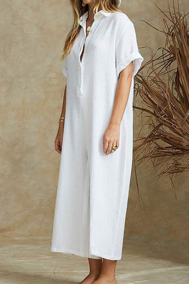 Fashion Casual Solid Turndown Collar Loose Jumpsuits