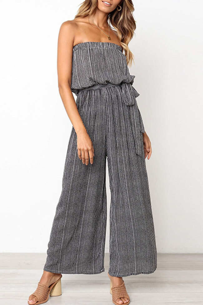 Fashion Street Striped With Belt Strapless Loose Jumpsuits