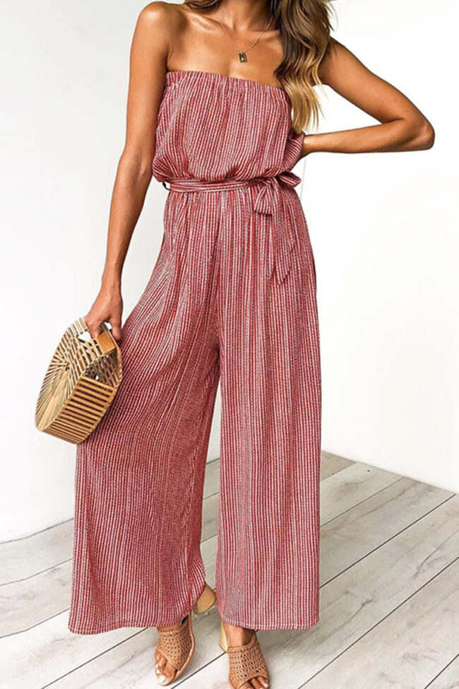 Fashion Street Striped With Belt Strapless Loose Jumpsuits