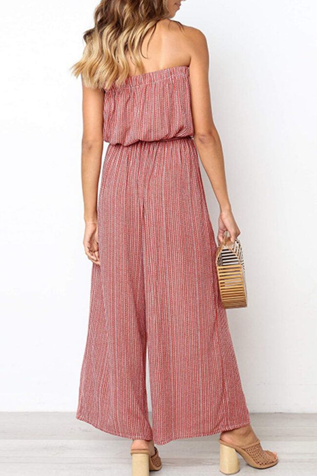 Fashion Street Striped With Belt Strapless Loose Jumpsuits