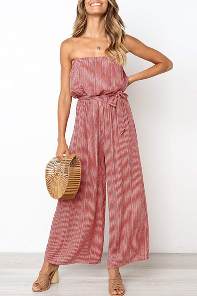 Fashion Street Striped With Belt Strapless Loose Jumpsuits