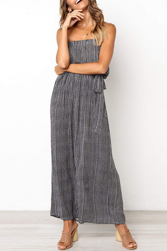 Fashion Street Striped With Belt Strapless Loose Jumpsuits