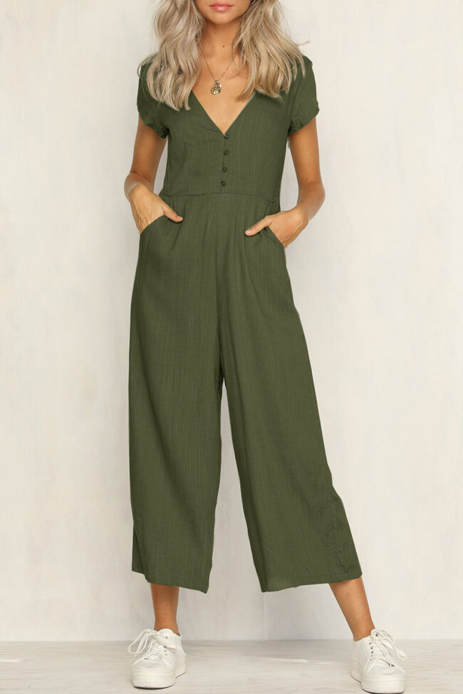 Fashion Casual Solid V Neck Loose Jumpsuits