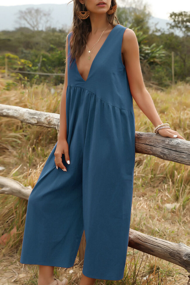 Fashion Casual Solid V Neck Loose Jumpsuits