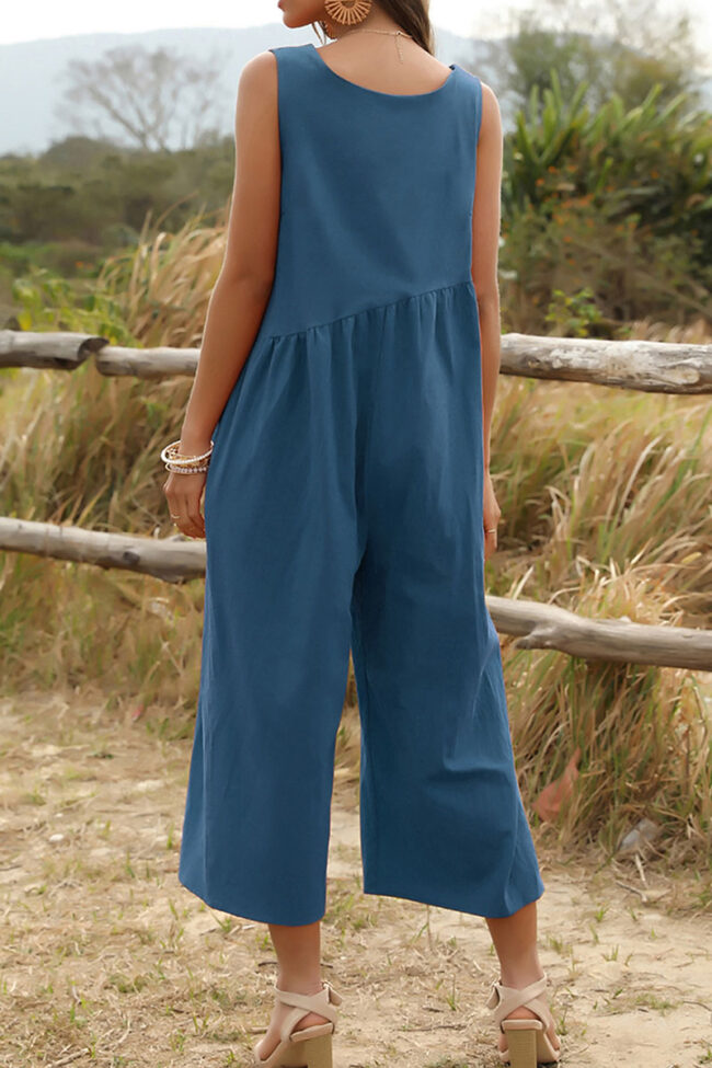 Fashion Casual Solid V Neck Loose Jumpsuits