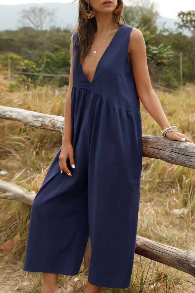 Fashion Casual Solid V Neck Loose Jumpsuits