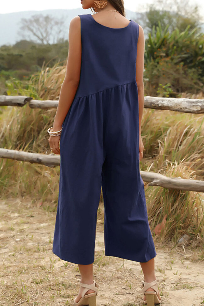 Fashion Casual Solid V Neck Loose Jumpsuits