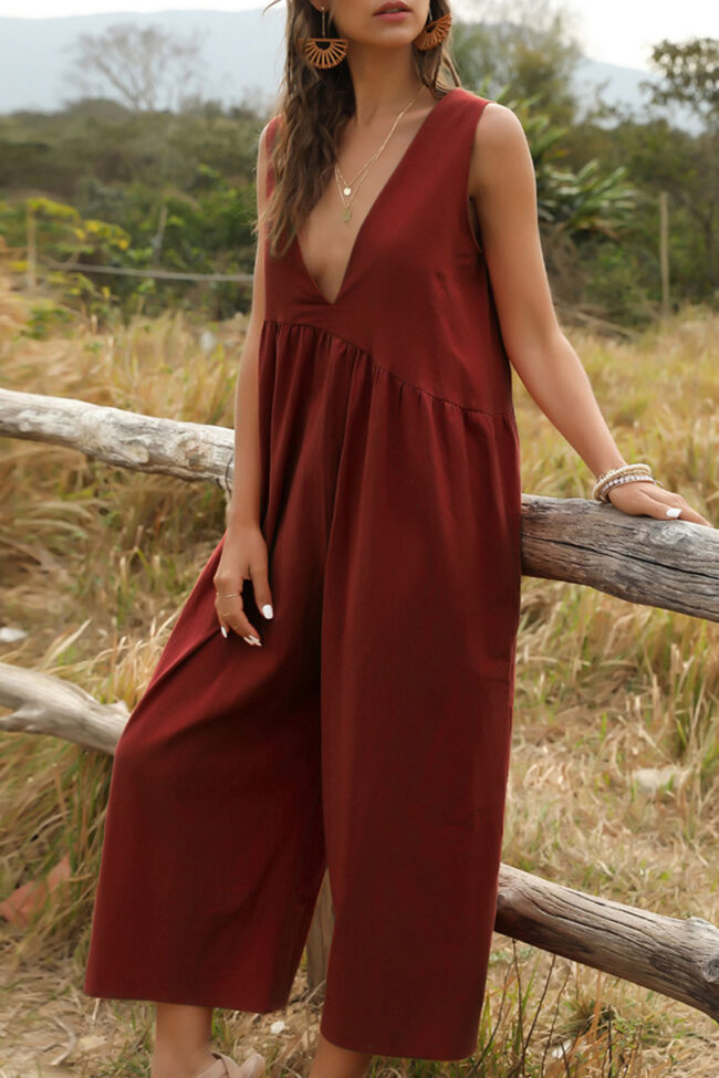 Fashion Casual Solid V Neck Loose Jumpsuits