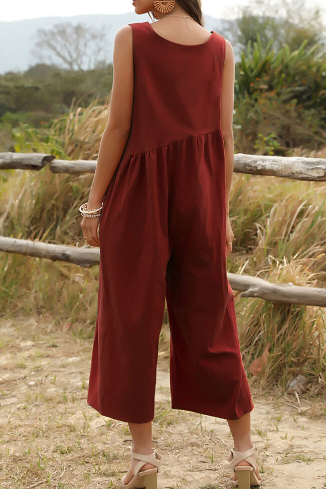 Fashion Casual Solid V Neck Loose Jumpsuits