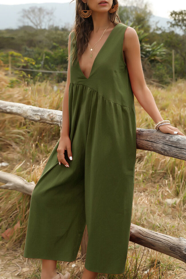 Fashion Casual Solid V Neck Loose Jumpsuits