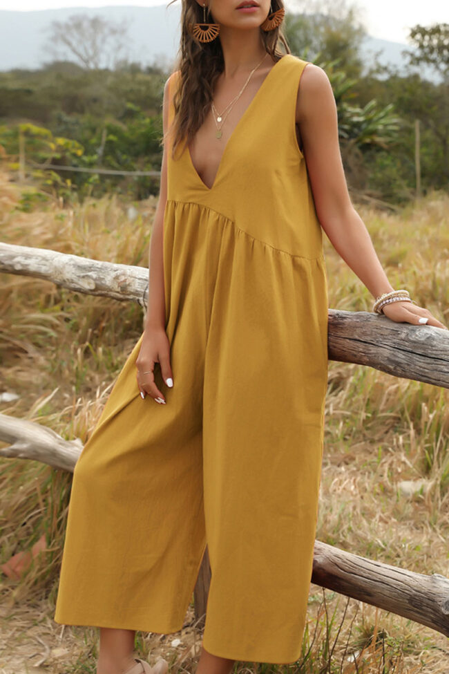 Fashion Casual Solid V Neck Loose Jumpsuits