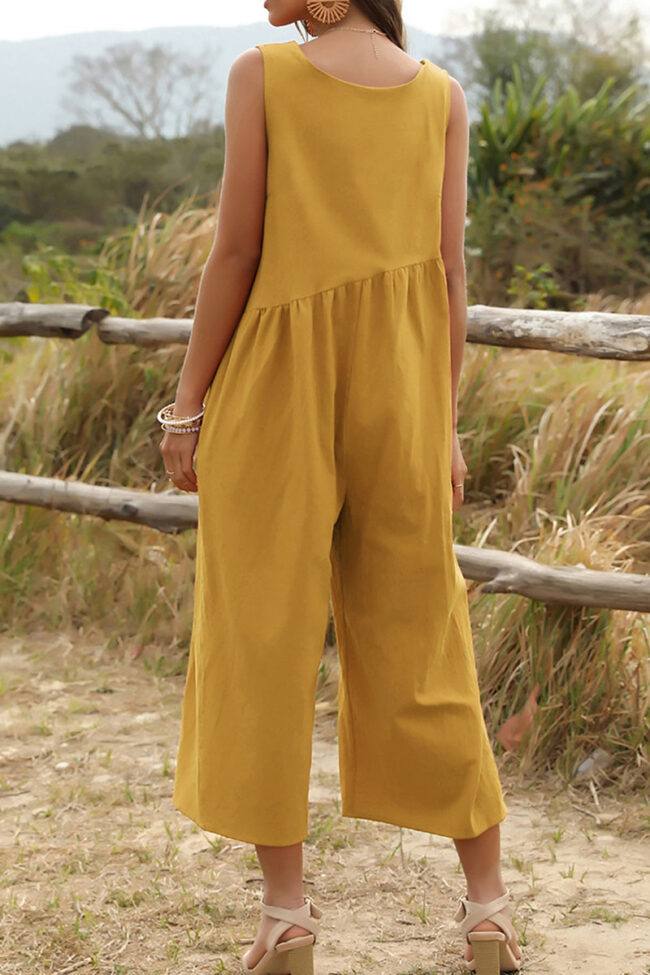 Fashion Casual Solid V Neck Loose Jumpsuits