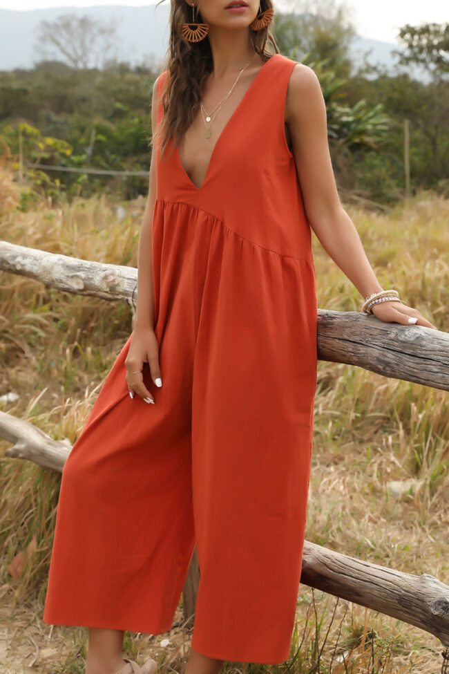 Fashion Casual Solid V Neck Loose Jumpsuits