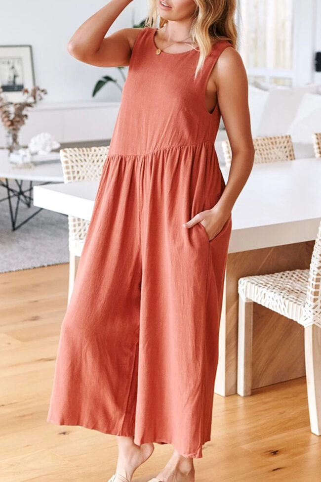 Fashion Street Solid Backless O Neck Loose Jumpsuits