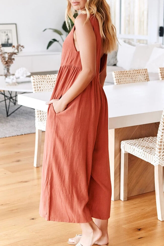 Fashion Street Solid Backless O Neck Loose Jumpsuits