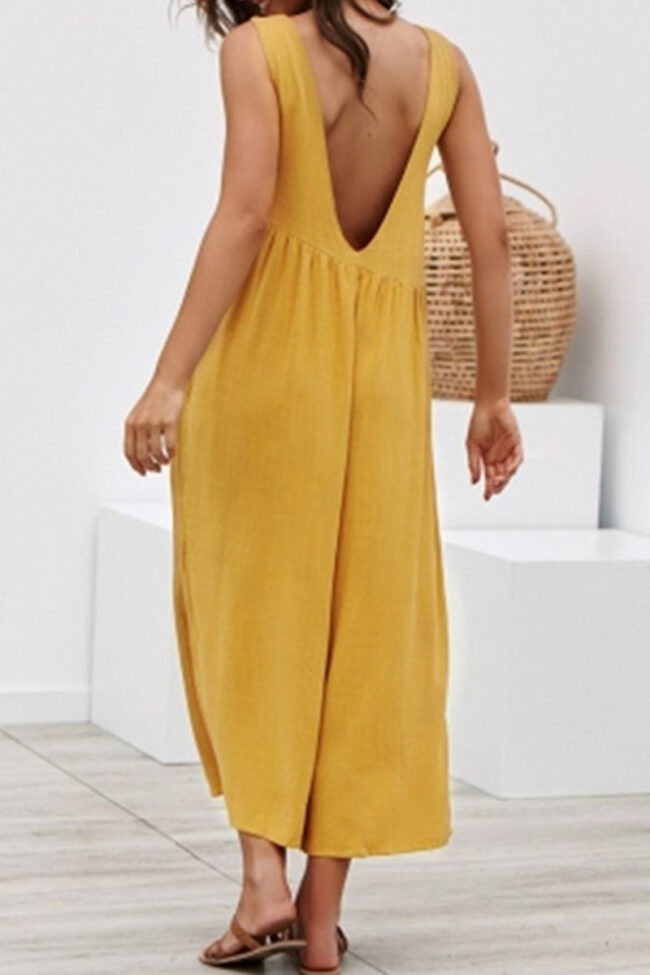 Fashion Street Solid Backless O Neck Loose Jumpsuits