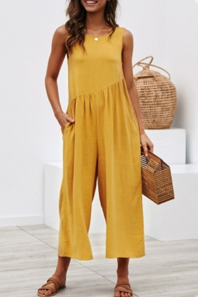 Fashion Street Solid Backless O Neck Loose Jumpsuits