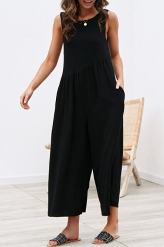 Fashion Street Solid Backless O Neck Loose Jumpsuits