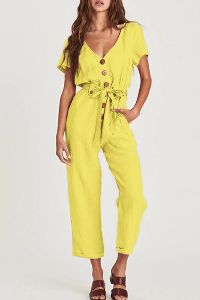 Fashion Casual Solid With Belt V Neck Loose Jumpsuits